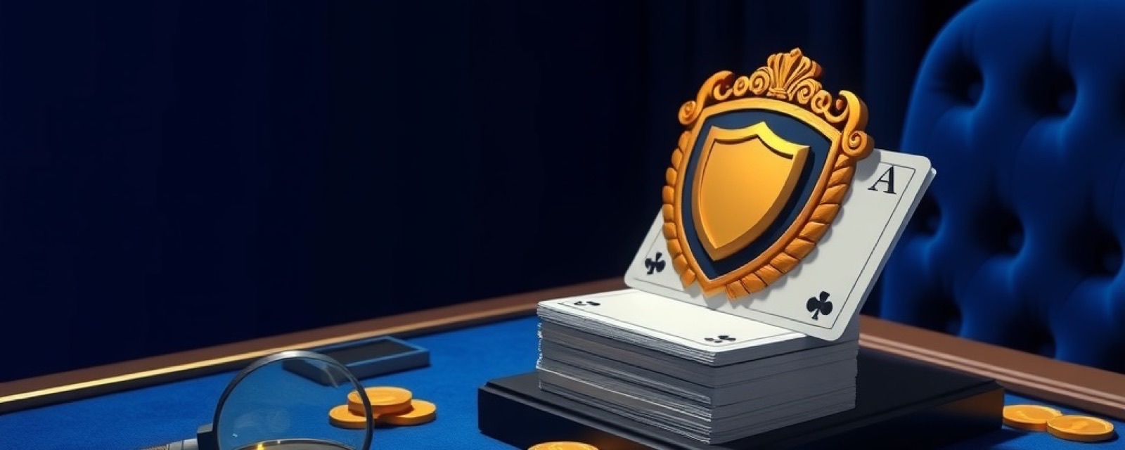Diwa Ace editorial desk with playing cards, a golden shield and gold chips under cobalt light