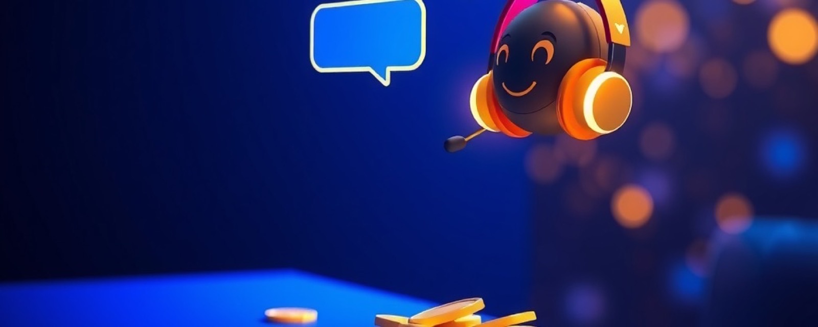 Diwa Ace Customer Service artwork with glossy cards, gold chips and cobalt lighting