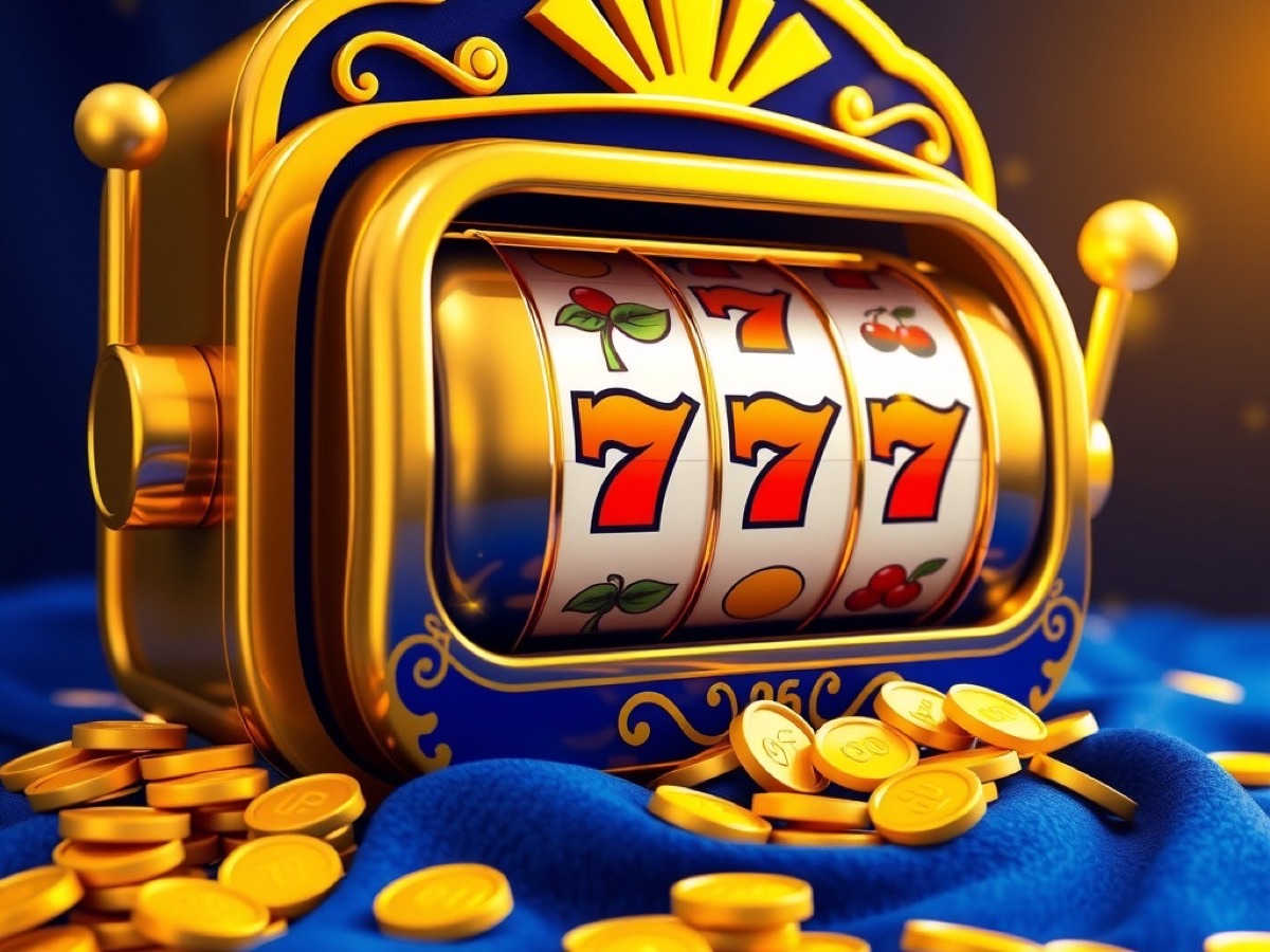 Glossy golden slot machine with spinning reels and gold coins on a cobalt Diwa Ace card table