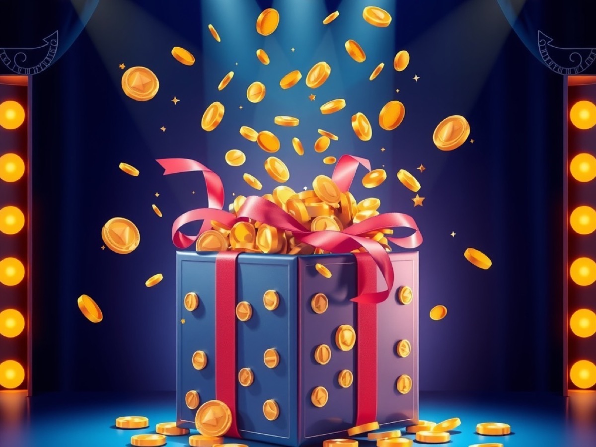 Gift box bursting with gold coins and confetti on a cobalt stage for Diwa Ace welcome bonuses