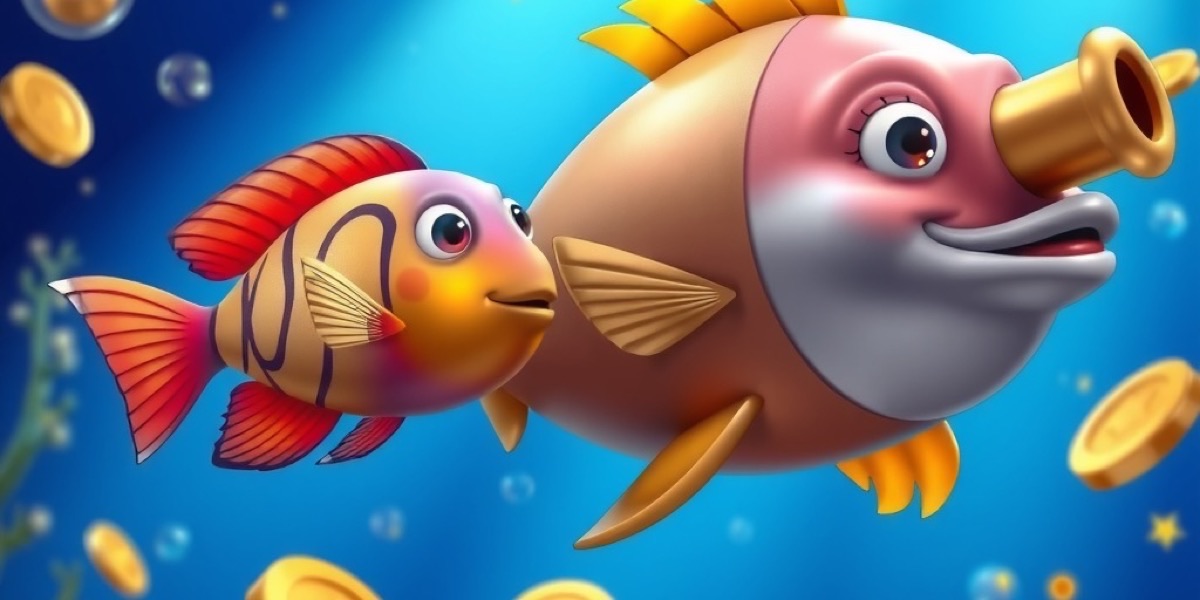 Colourful cartoon fish and a golden cannon in a deep blue underwater fishing game scene