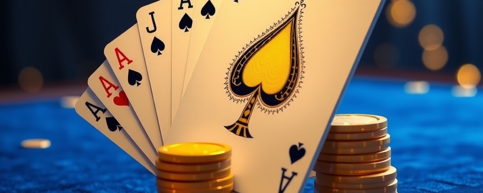Diwa Ace gaming platform hero with rummy cards and a golden ace of spades on a cobalt card table