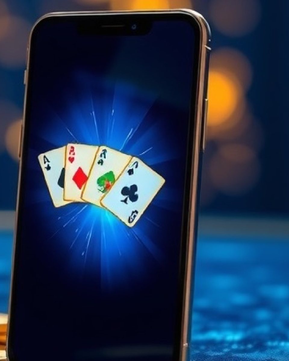 Smartphone showing a fan of playing cards on a cobalt Diwa Ace card table with gold chips